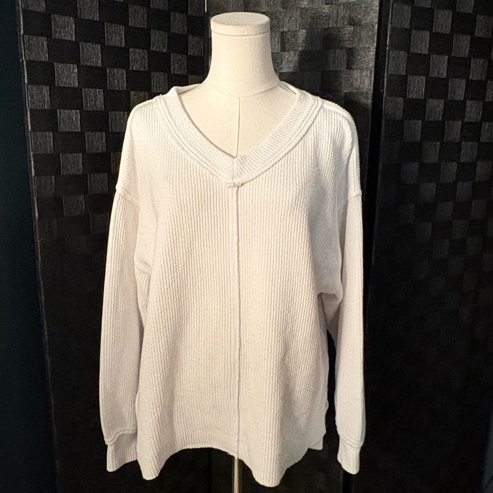 Aerie Wonder Oversized White Textured V-Neck Sweatshirt Oversized Women’s XS